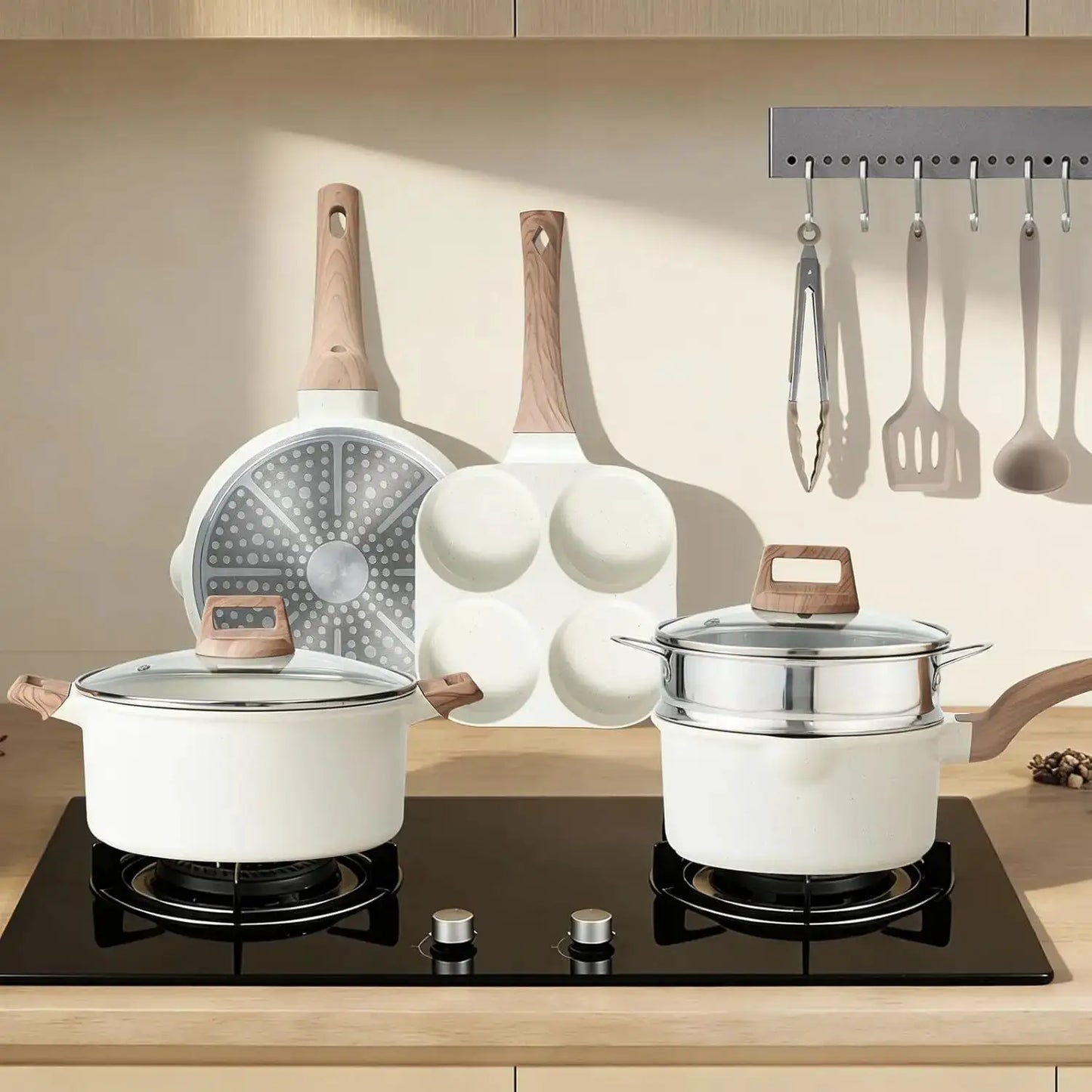 Pots and Pans Set Non Stick, 25-Piece Induction Kitchen Cookware, Stackable RV Cookware with Removable Handle, White from PriceLows™