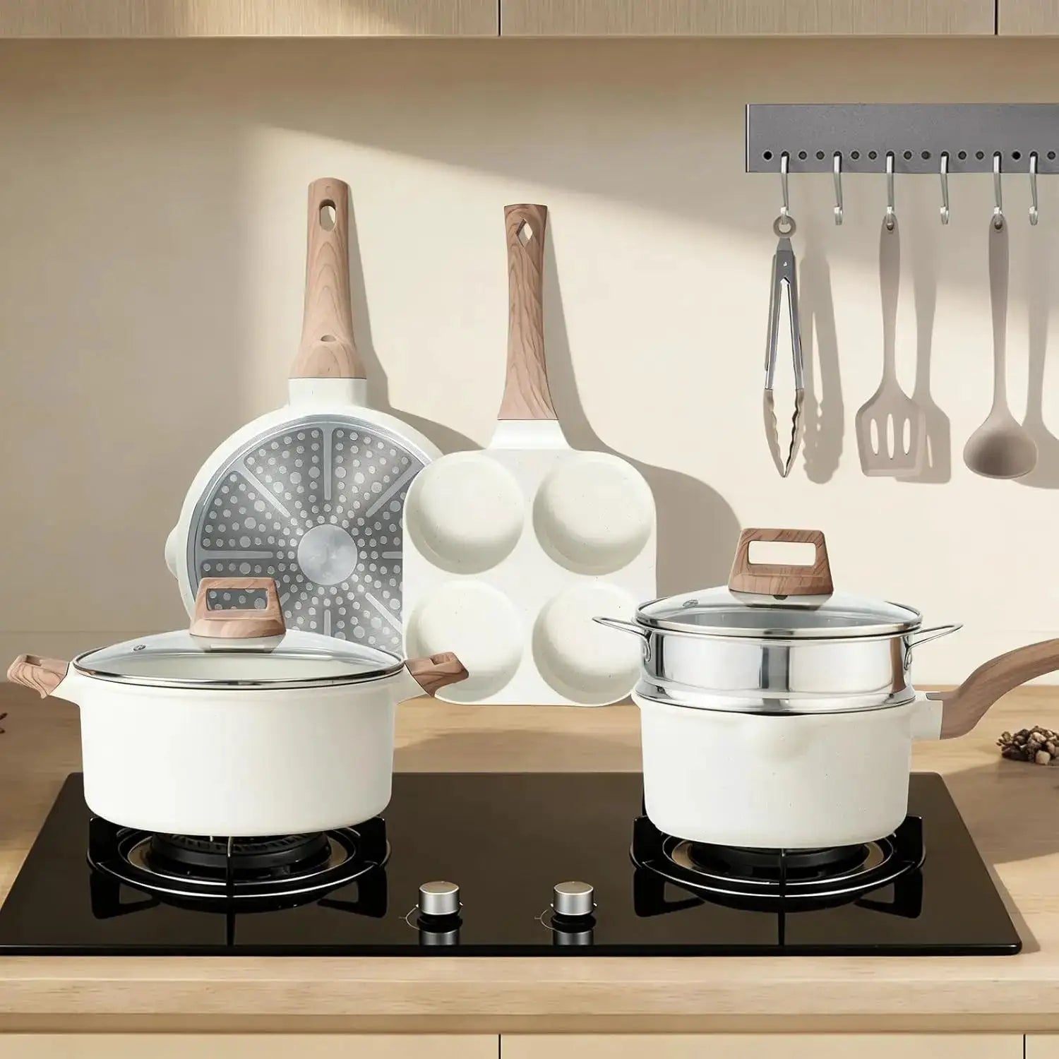 Pots and Pans Set Non Stick, 25-Piece Induction Kitchen Cookware, Stackable RV Cookware with Removable Handle, White from PriceLows™