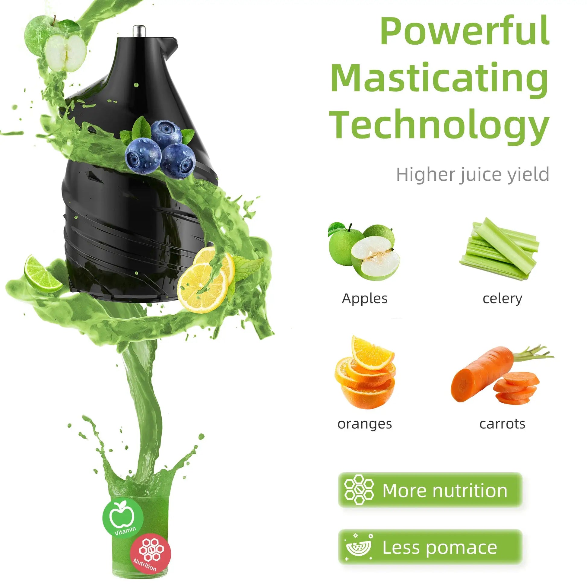 BioloMix Cold Press Juicer with 75mm Feed Chute, 200W 40-65RPM Powerful Motor Slow Masticating Juice Extractor Fits Whole Fruits from PriceLows™