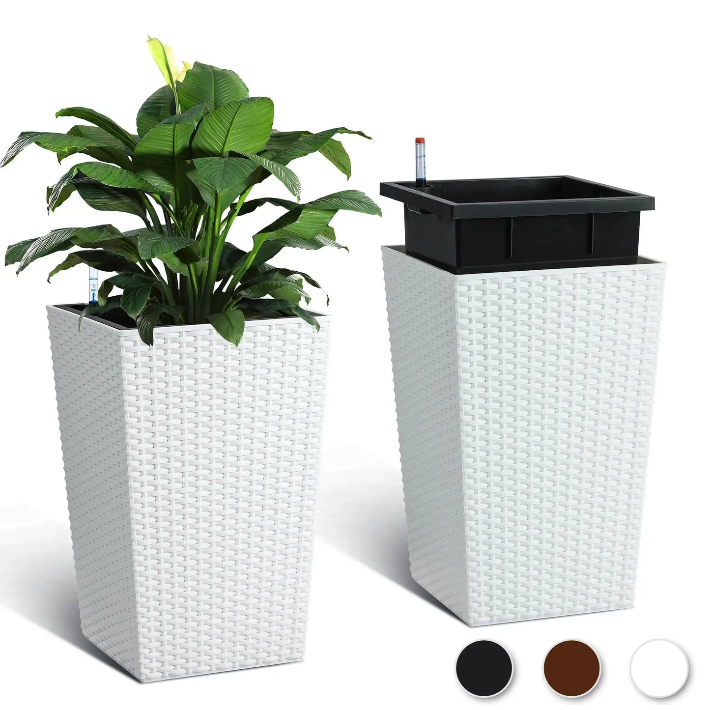 Set of 2 Black Tall Planters Self Watering Planter with Water Level Monitor, Trays 360° Wheels Standing Planter Pots from PriceLows™