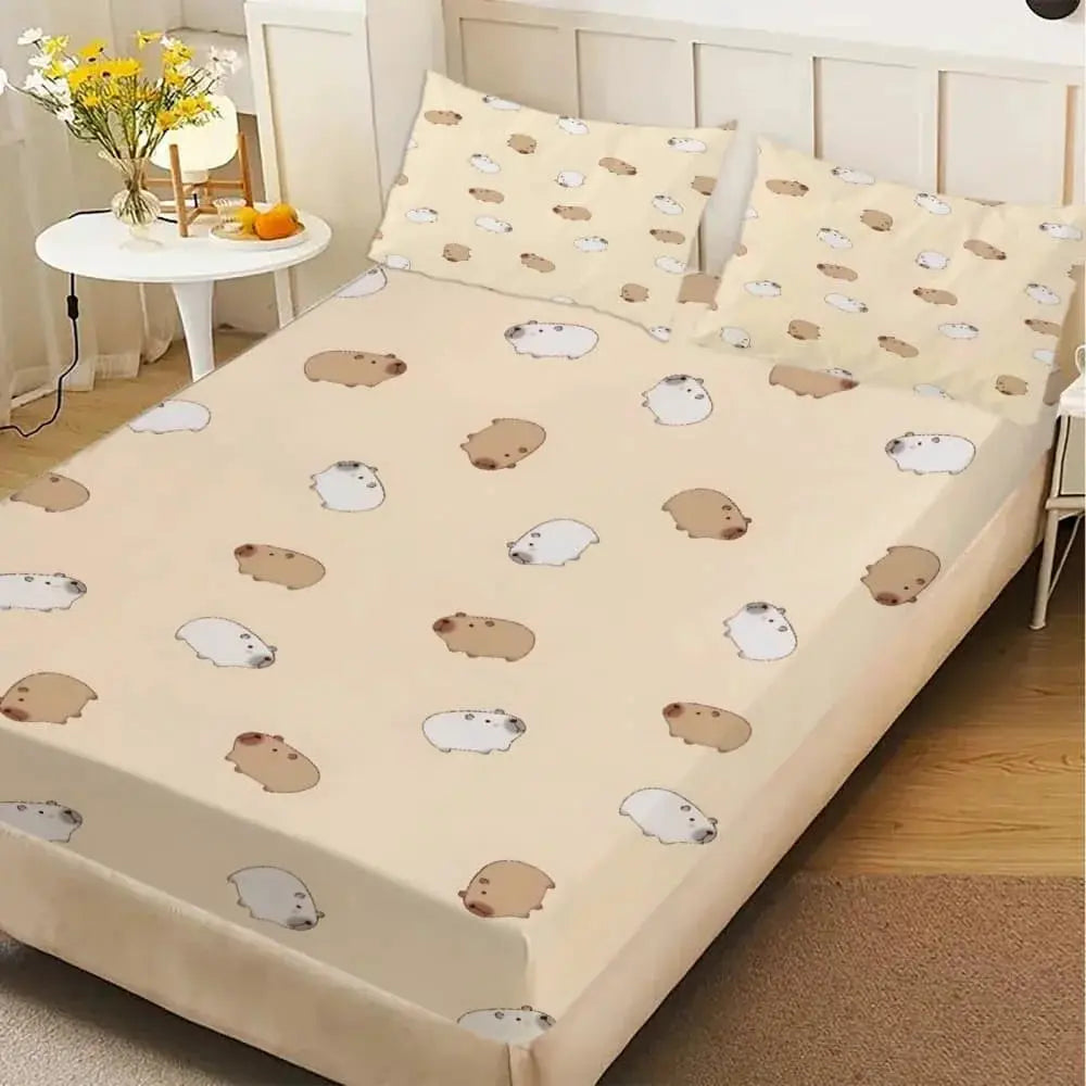 1pc Cute Cartoon Capybara Print Fitted Sheet Deep Pocket Elastic Mattress Cover Single Double Queen King Bedroom Decor from PriceLows™