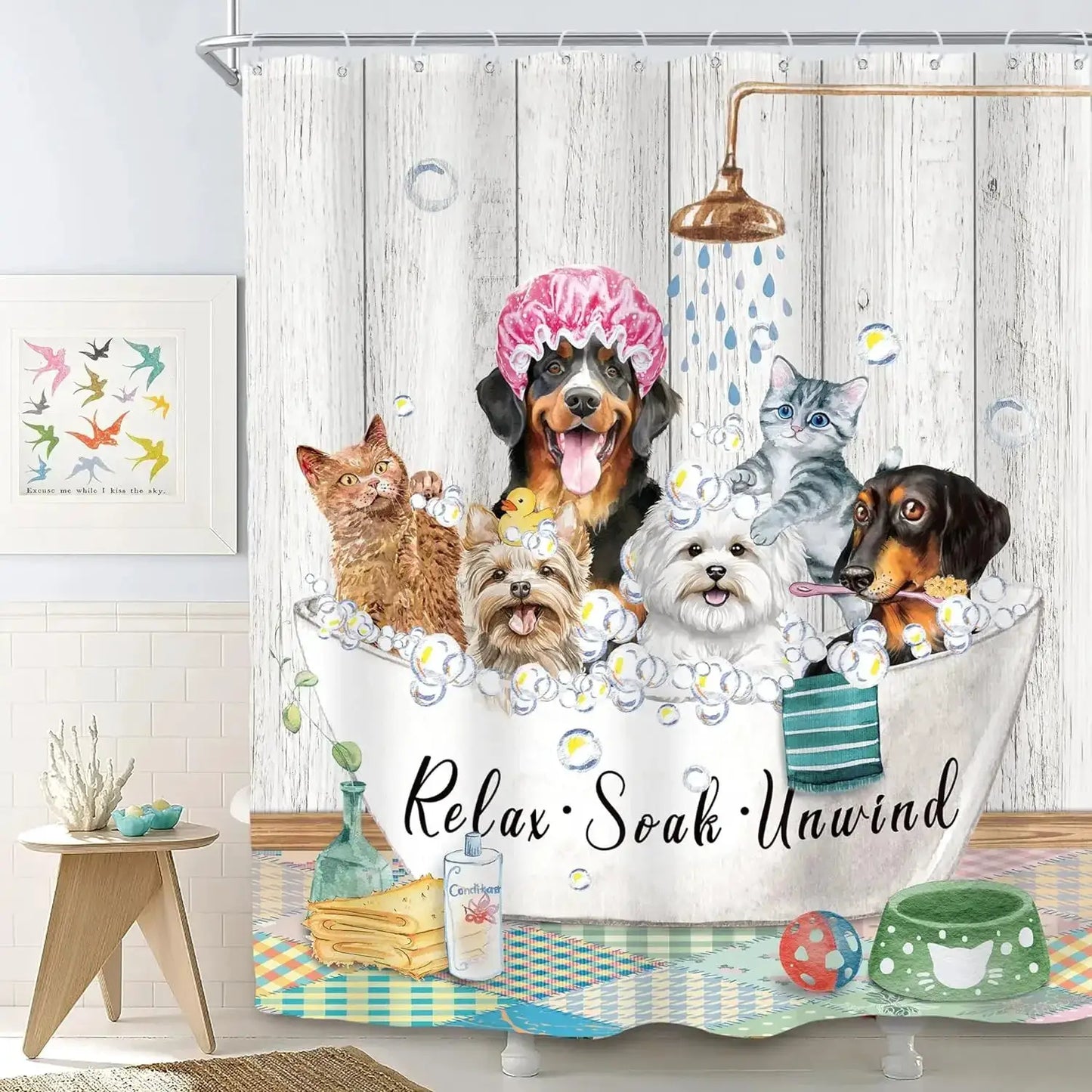 Funny Cat and Dog Shower Curtain Kids Cartoon Cute Pet Animals Bathtub Rain Shower Curtains Polyester Bathroom Decor with Hooks from PriceLows™
