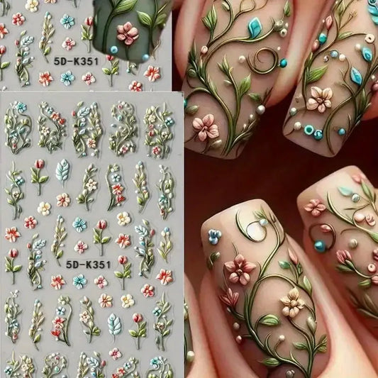 5D Embossed Green Vine Floral Nail Stickers - Matte Finish Self-Adhesive Nail Art Decals with Cartoon-Style Flowers from PriceLows™