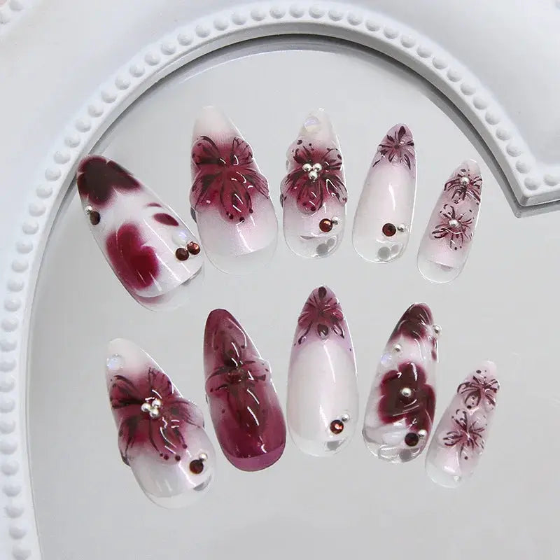 Press On Nails | Wine Red Blush | Flower Print | 24 Piece Set