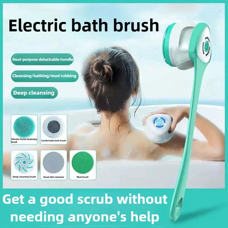 Shower Brush | Rechargeable Long Handle | Silicone Bristles | 5 Heads