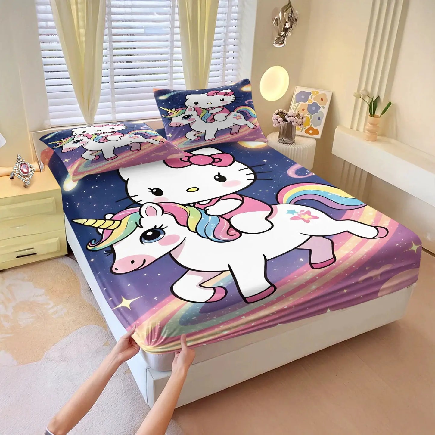 3Pcs Kawaii Hello Kitty Fitted Sheet Set With 2 Pillowcases purple Bed Sheet Soft Deep Pocket Bedding for Girls Bedroom Decor from PriceLows™