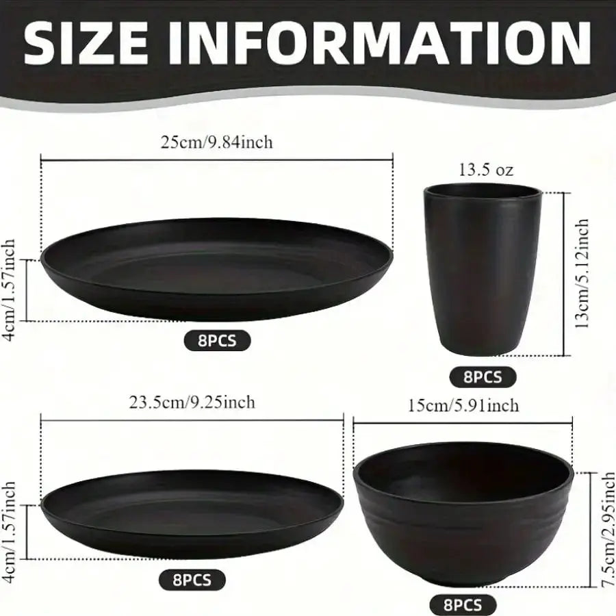 Wheat Straw Dinnerware Set | 32 Piece | Black Color | Serves 8