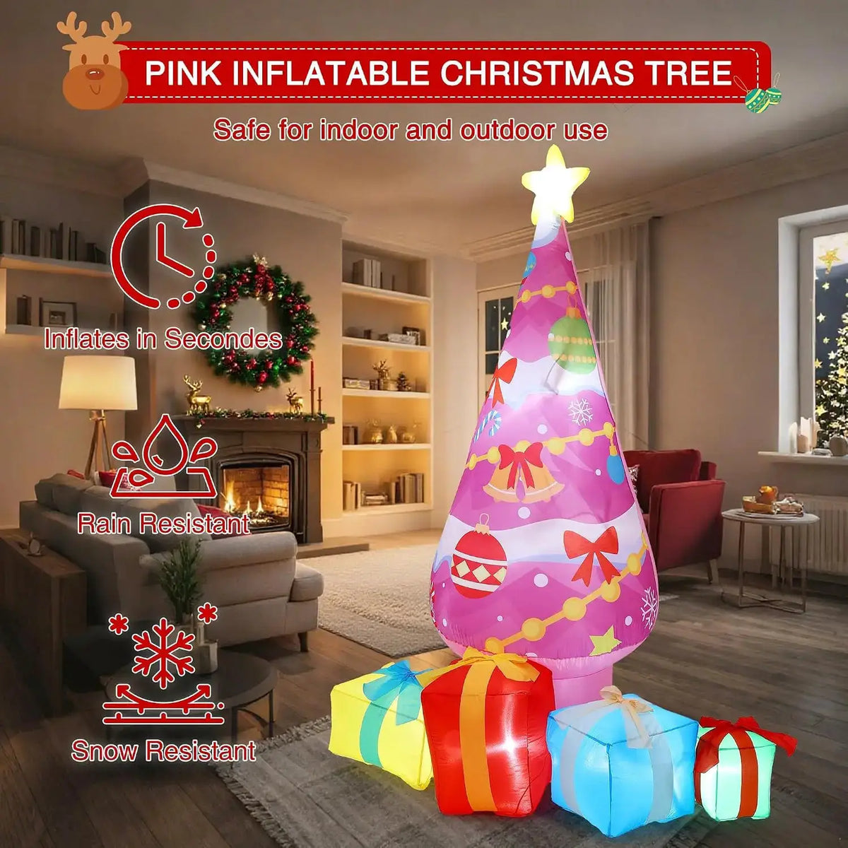 Christmas Tree Inflatables | 7Ft Pink | LED Lights | 4 Gift Box Decor