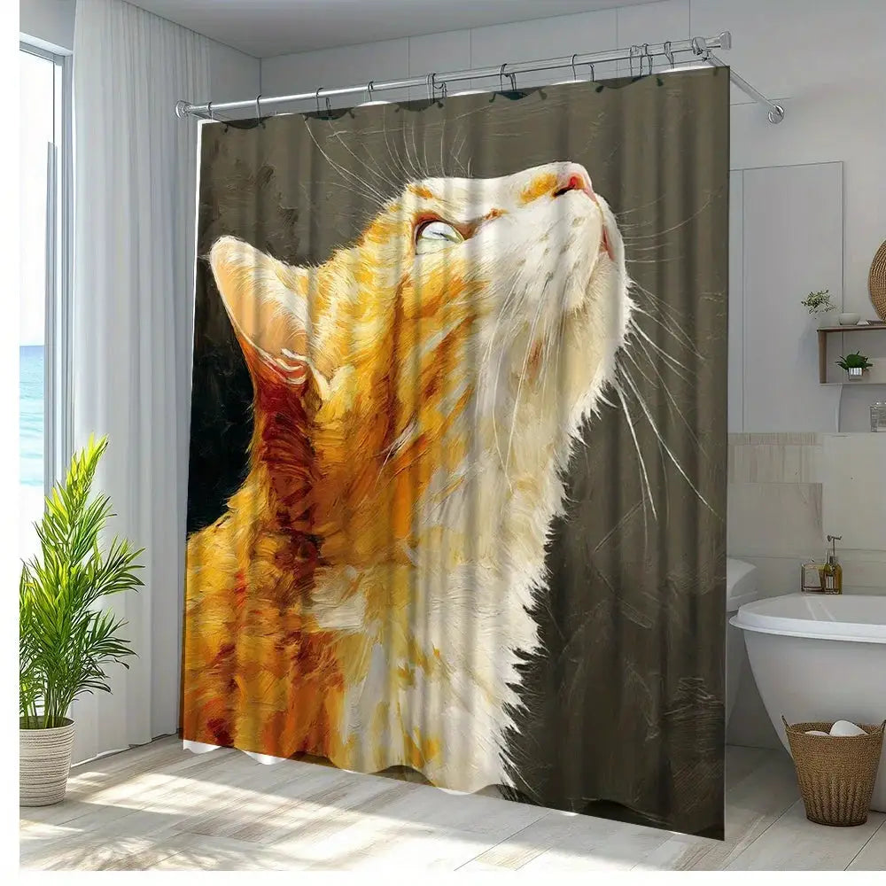 1pc Cat Oil Painting Shower Curtain - Vibrant Feline Art Bathroom Decor, Durable Polyester Fabric with 12 Hooks, 70.8x70.8 Inche from PriceLows™