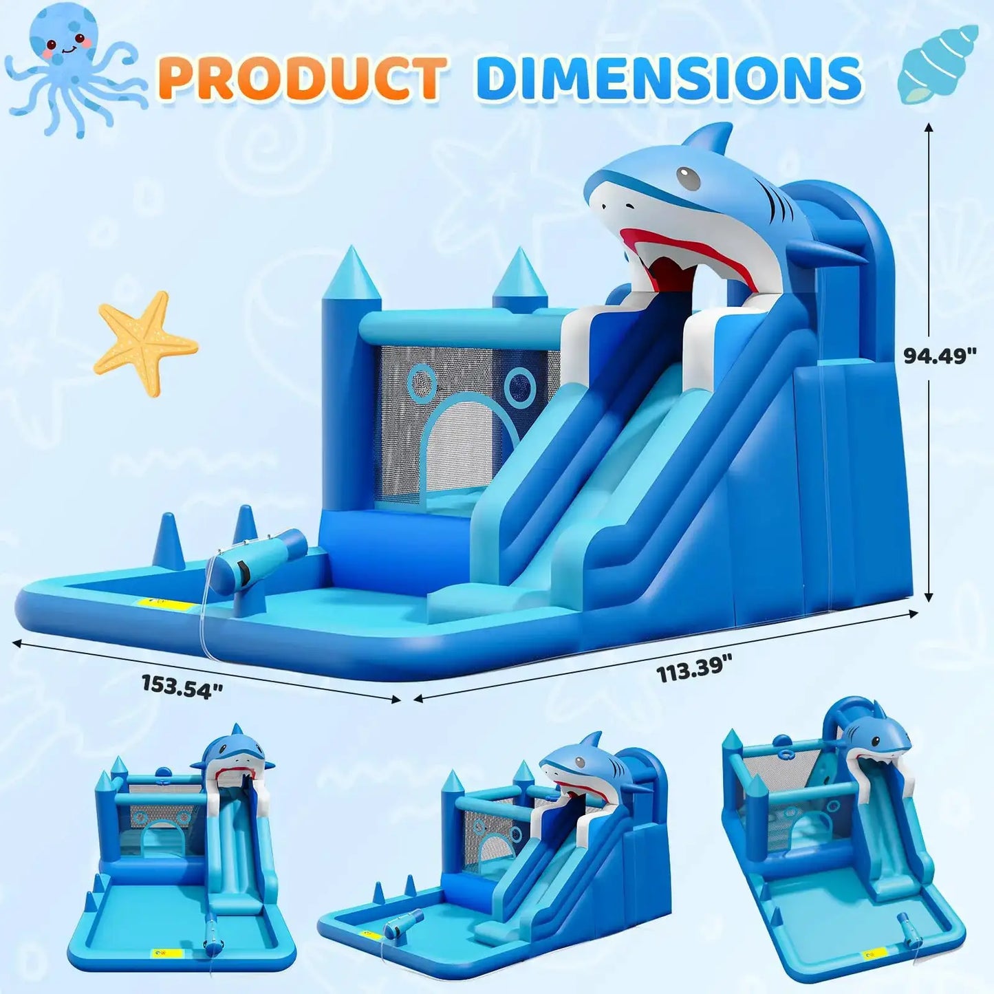 Shark Inflatable Water Park Bounce House With Slide & Blower, Splash Pool, Climbing Wall, Water Cannon, Hoop For Backyard Kids from PriceLows™