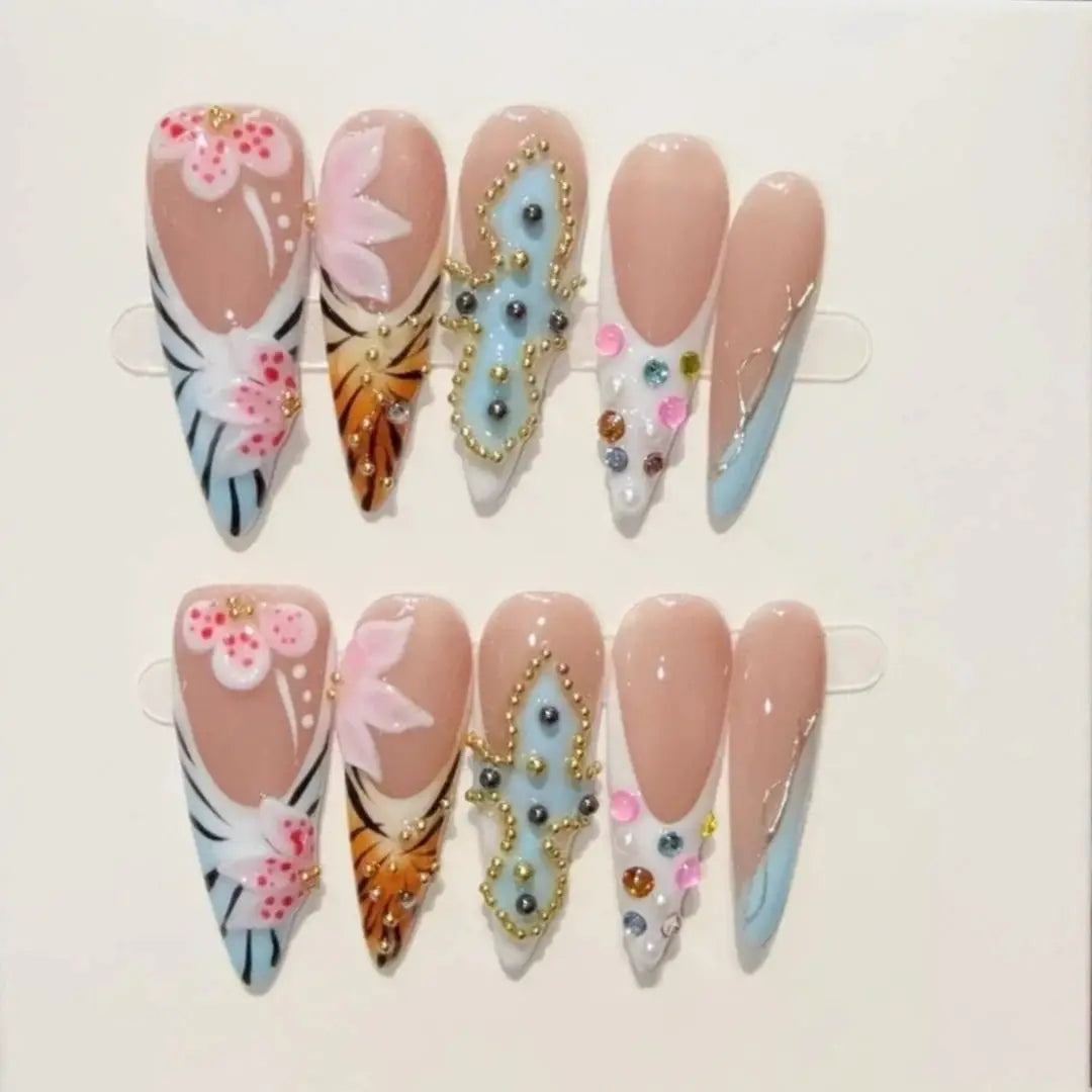 Acrylic Nails | Long Stiletto | Floral Rhinestone Design | 10 Pieces