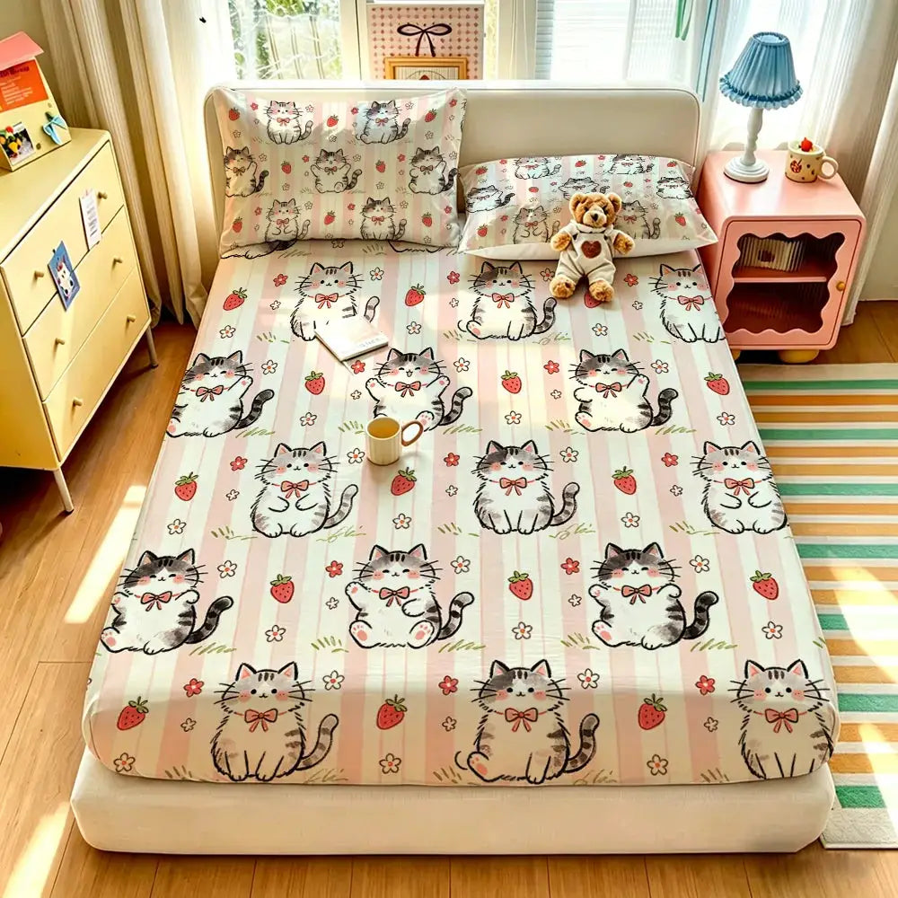 3pcs Cartoon Bear Kitten Printed Chipless Bed Sheet Set Multiple Sizes Soft Bed Cover Bedroom Bedding Decoration, Gift Bedding from PriceLows™