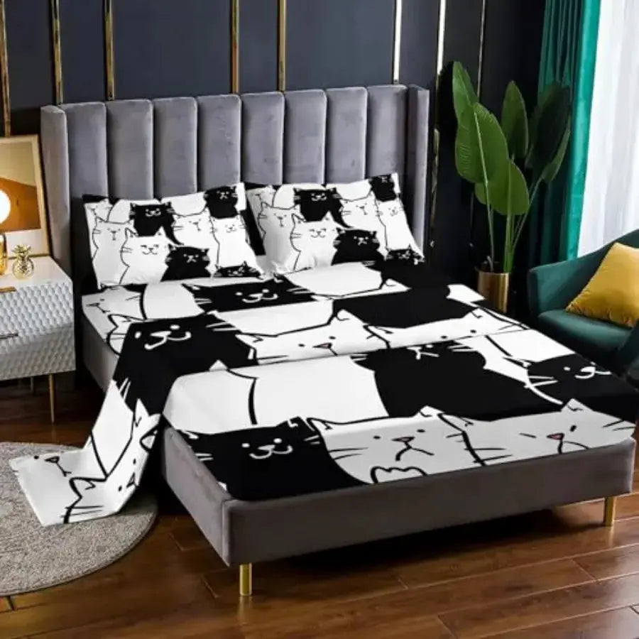 Cartoon Cat Sheet 4Pcs Black and White Kitten Sheet Cute Pet Cat Bedding Set for Teen Kid Boy Girl Adult Kawaii Line Cat Bedspr from PriceLows™