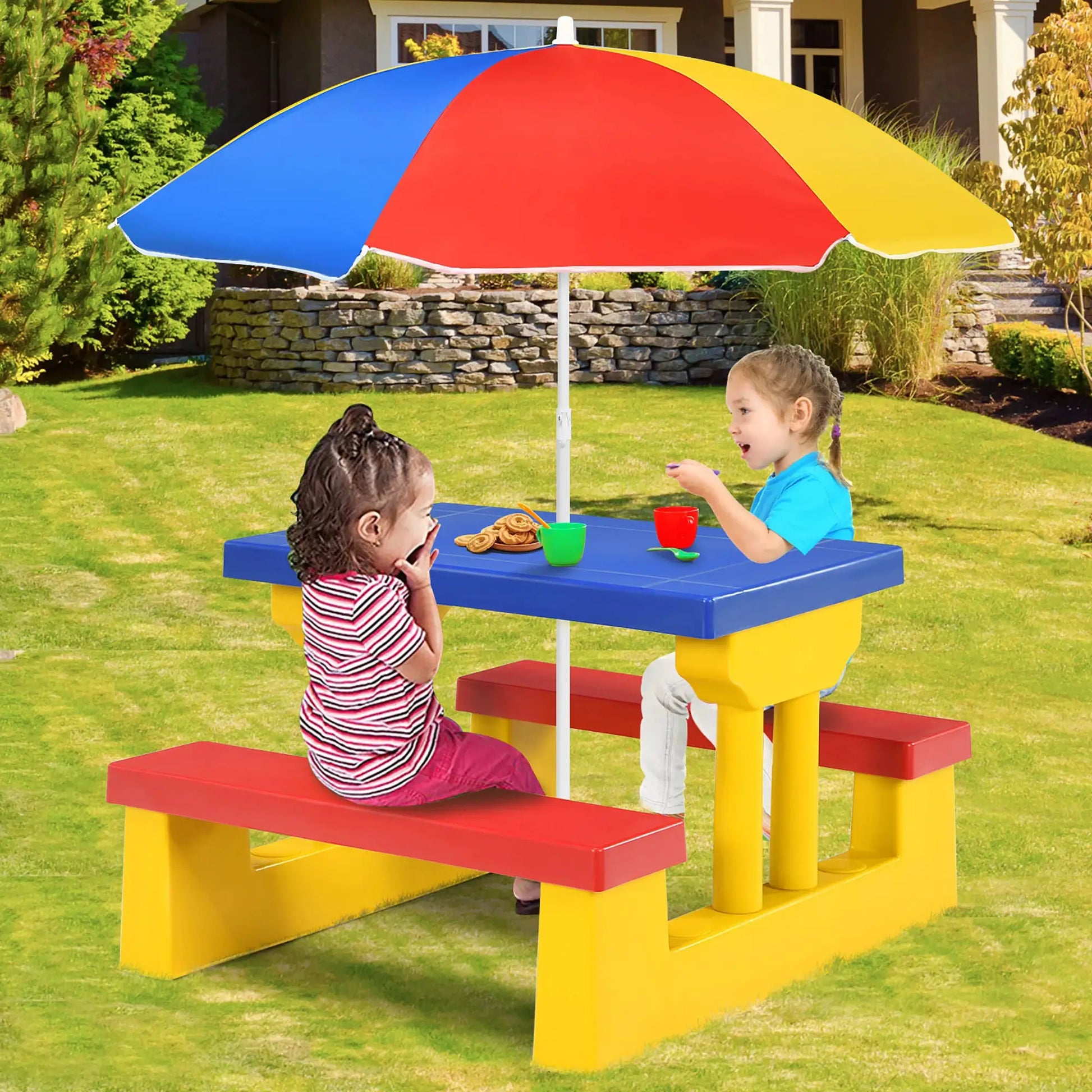 Kids Picnic Table Set W/Removable Umbrella Indoor Outdoor Garden Patio from PriceLows™