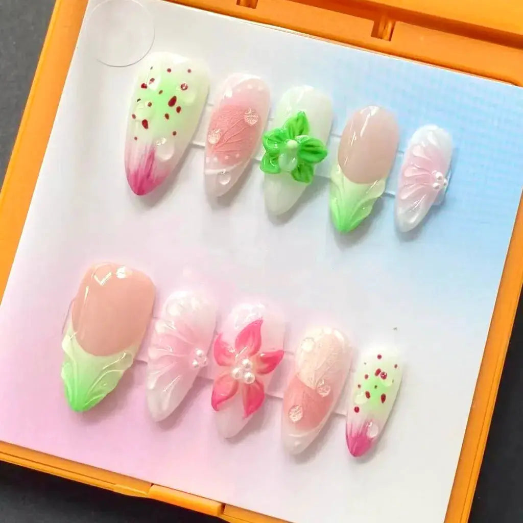 Almond Press On Nails | Acrylic Finish | Pearl Flower Design | 24 Piece Set