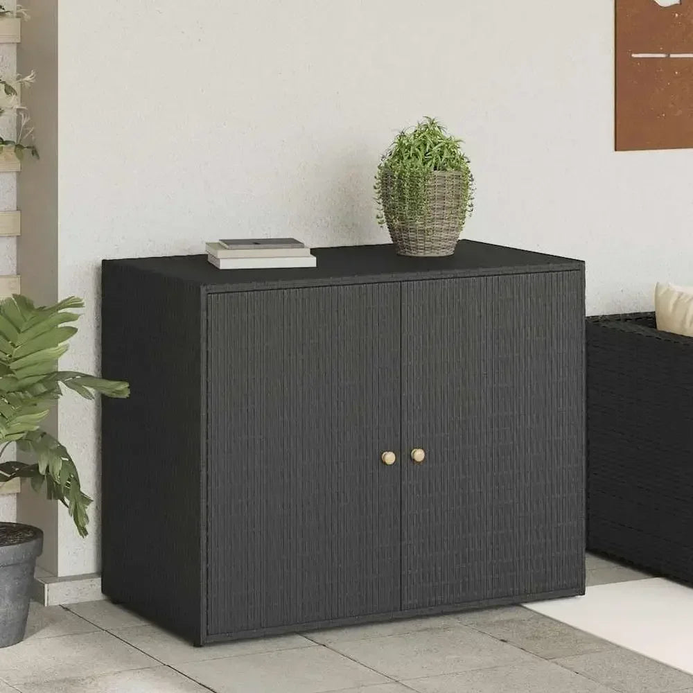 Garden Storage Cabinet, Outdoor Tool Chest, Black Poly Rattan with Solid Acacia Wood Door Knobs, Powder-Coated Steel e, Weather- from PriceLows™