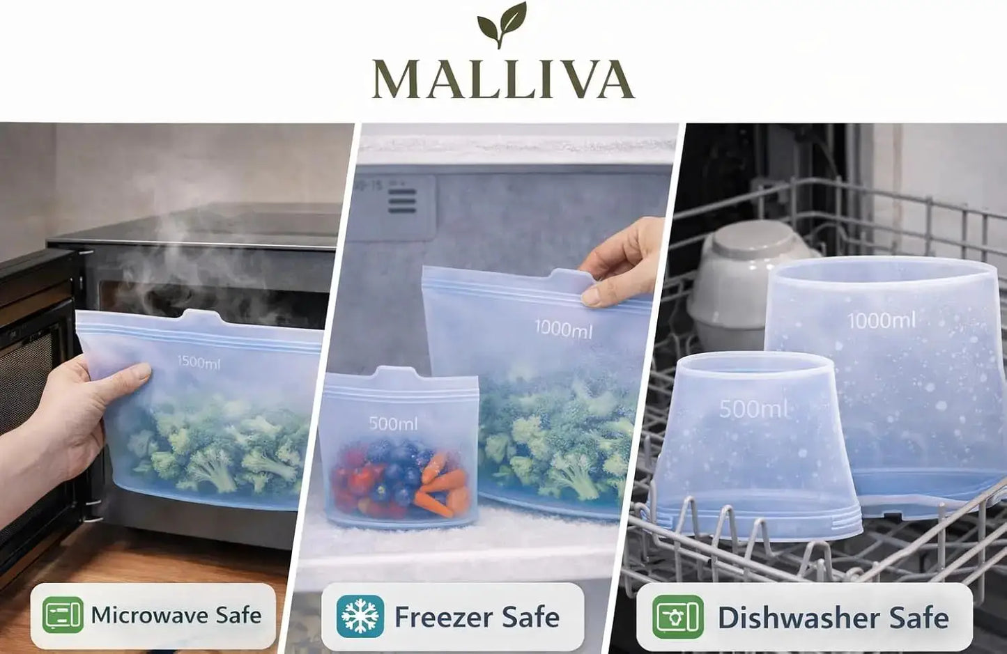 Silicone Food Storage Bags | 3 Pack Stand Up Ziplock | BPA Free | 17oz 34oz 51oz