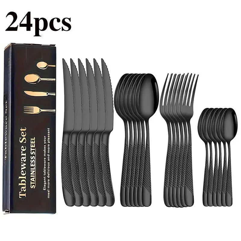 24pcs stainless steel tableware set, including knife, fork, spoon and coffee spoon gift box, dishwasher safe. from PriceLows™
