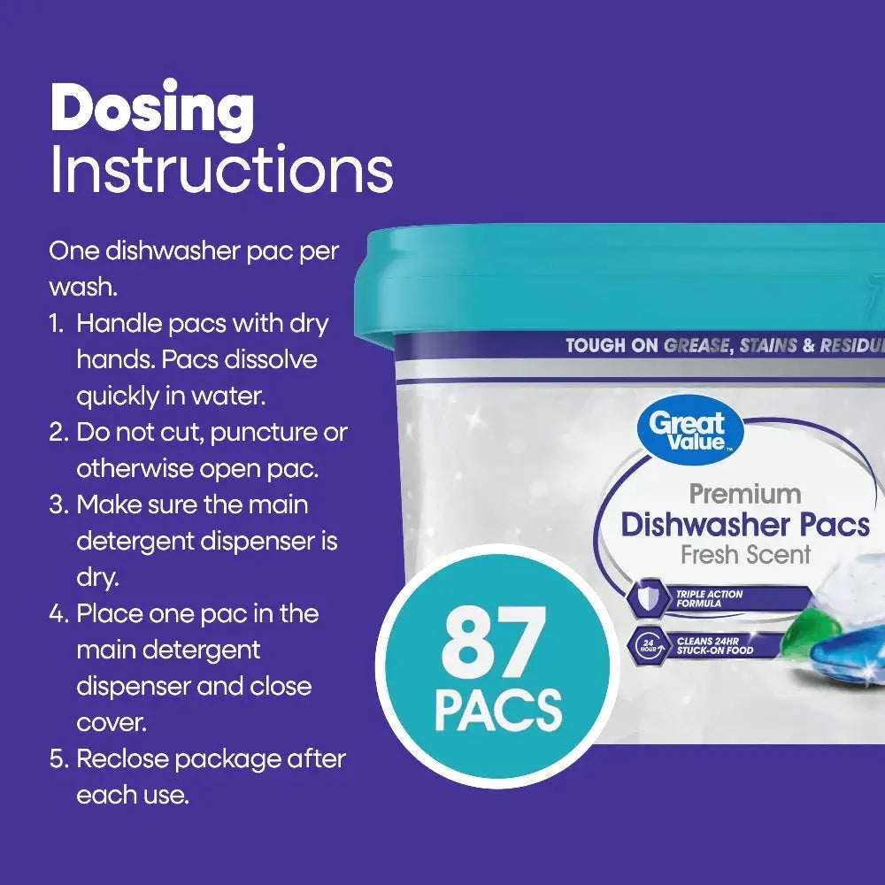 Great Value Dishwashing Tablets | Premium Formula | Fresh Scent | 87 Count