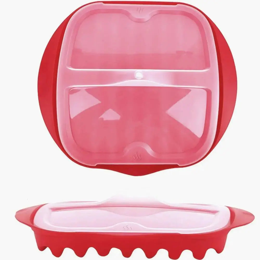 Microwave Bacon Pan | With Lid | Red Wave Nonstick Design | 27.5x24.5x6.5 cm