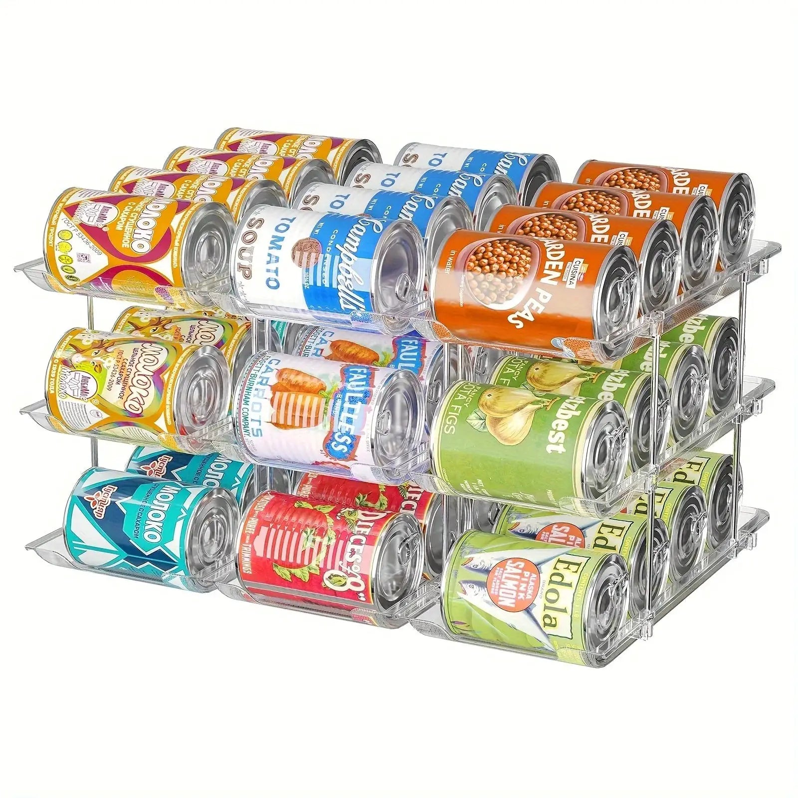 3-Tier 36-Capacity Stackable Rolling Can Organizer - Clear Plastic Space-Saving for Pantry/Fridge (3 Sets) | 24-hour Shipping from PriceLows™