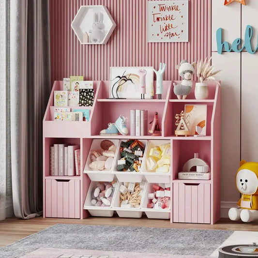 Multi-Tier Wooden Bookshelf with Storage Bins and Anti-Tip Feature, Ideal for Rooms and Play Areas from PriceLows™