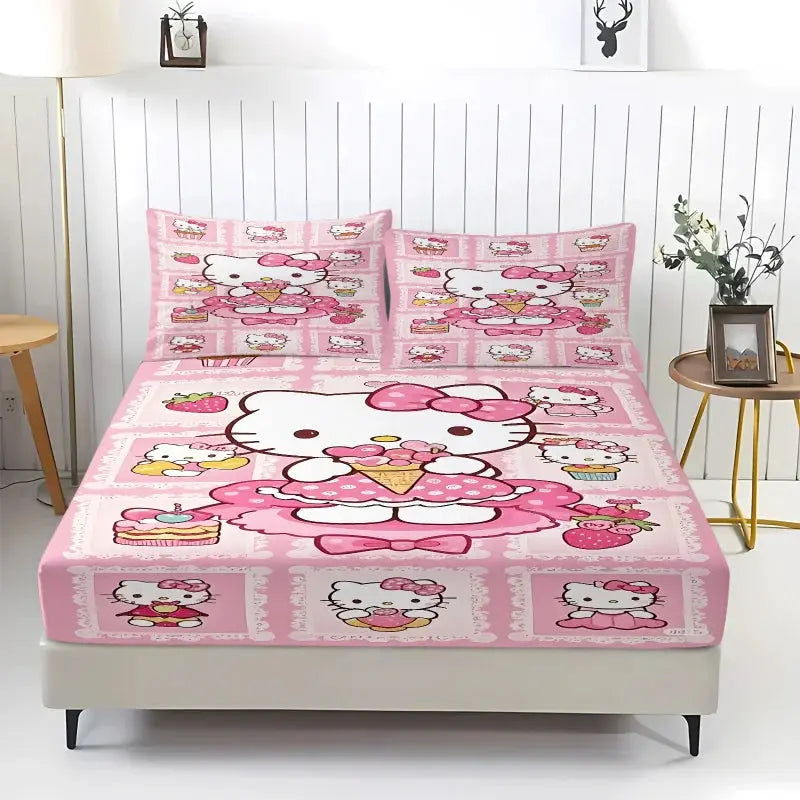 3Pcs Kawaii Hello Kitty Fitted Sheet Set With 2 Pillowcases purple Bed Sheet Soft Deep Pocket Bedding for Girls Bedroom Decor from PriceLows™