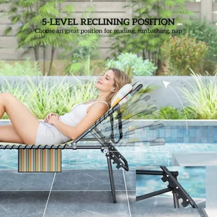 2 Piece Folding Chaise Lounge for Outdoor Use Polyester Rainbow Striped 5-Level Reclining with Face Hole Side Pocket Headrest from PriceLows™