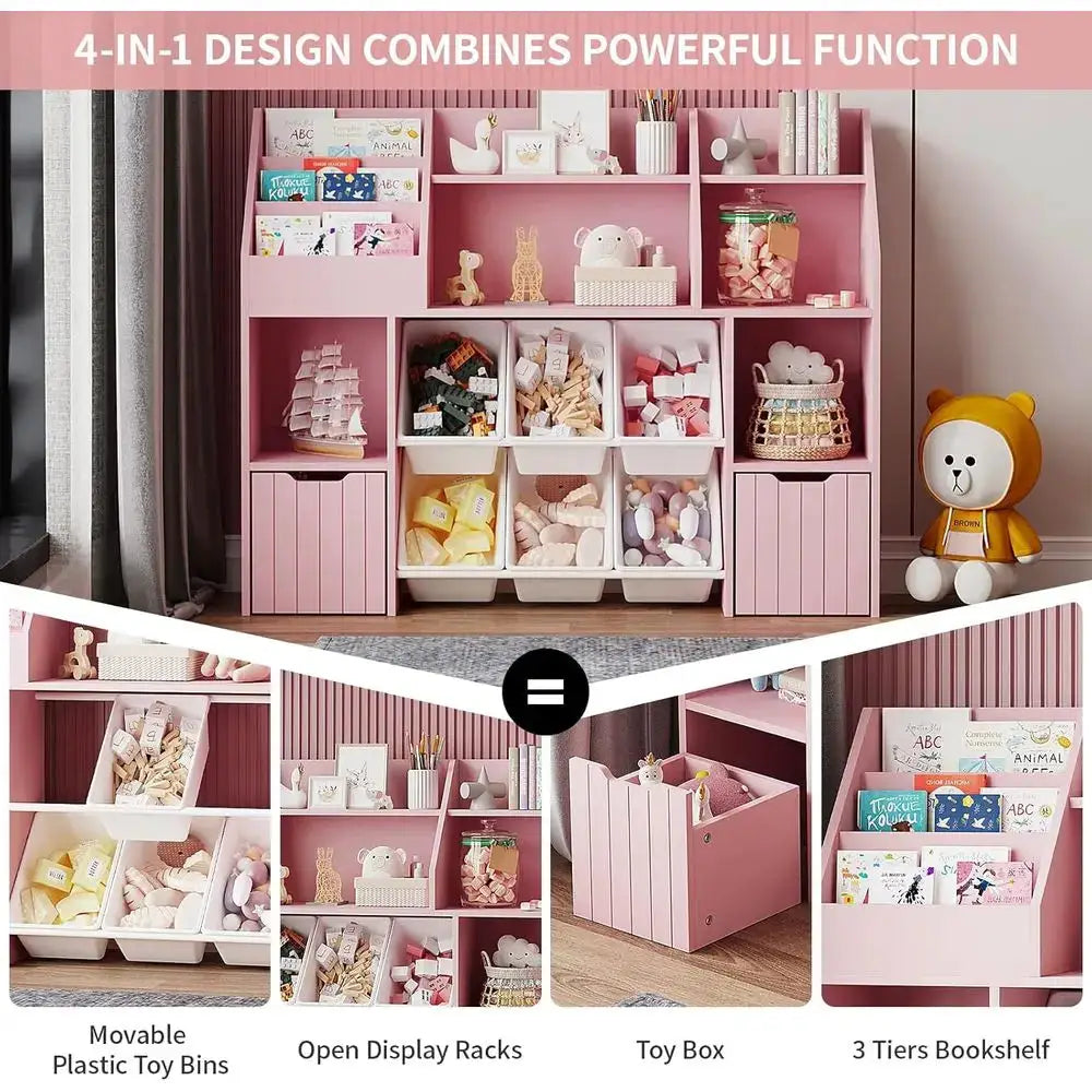 Multi-Tier Wooden Bookshelf with Storage Bins and Anti-Tip Feature, Ideal for Rooms and Play Areas from PriceLows™