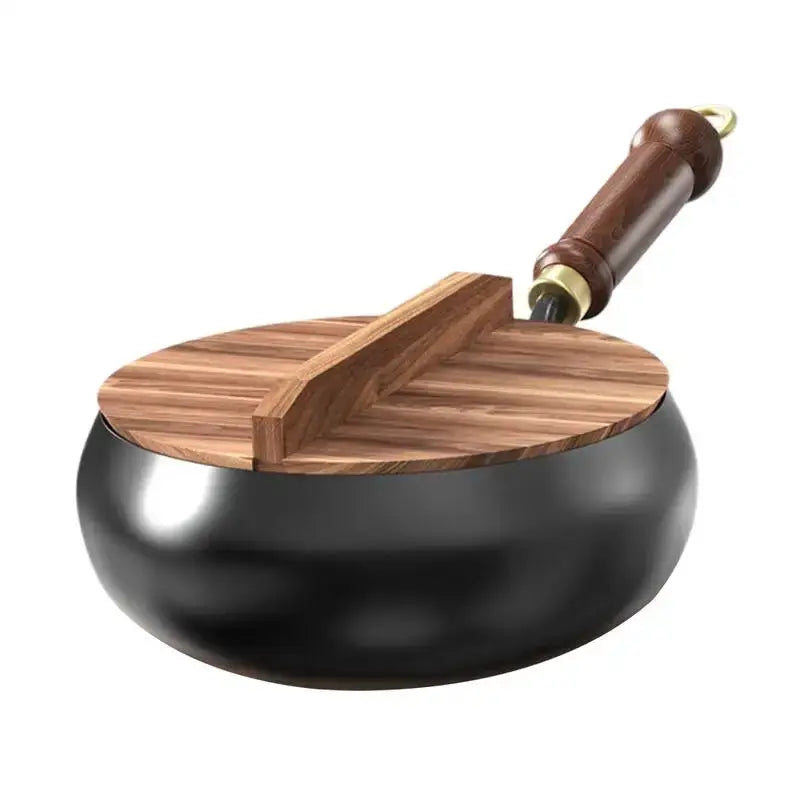 Cast Iron Frying Pan | 24 cm Diameter | Flat Bottom | Wooden Lid