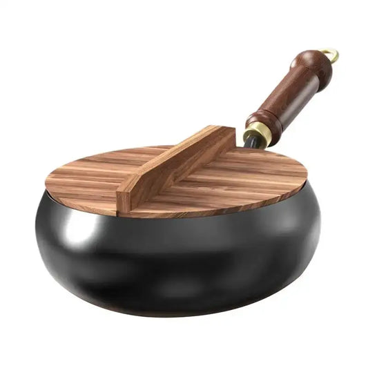 Cast Iron Frying Pan | 24 cm Diameter | Flat Bottom | Wooden Lid