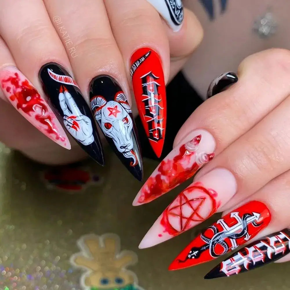 Press On Nails | Short Square | Red French Tip Spider Web | 24 Piece Set