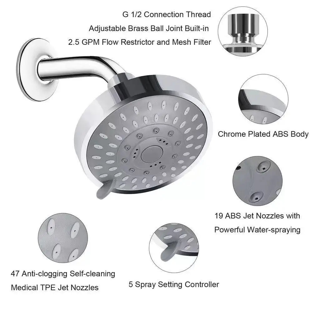 Shower Head | 5 Modes High Pressure | 4 Inch Diameter | Wall Mounted