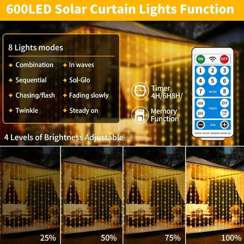 Solar Outdoor Curtain Lights | 300 LED Bulbs | 3x3 Meter Size | IP65 Protection