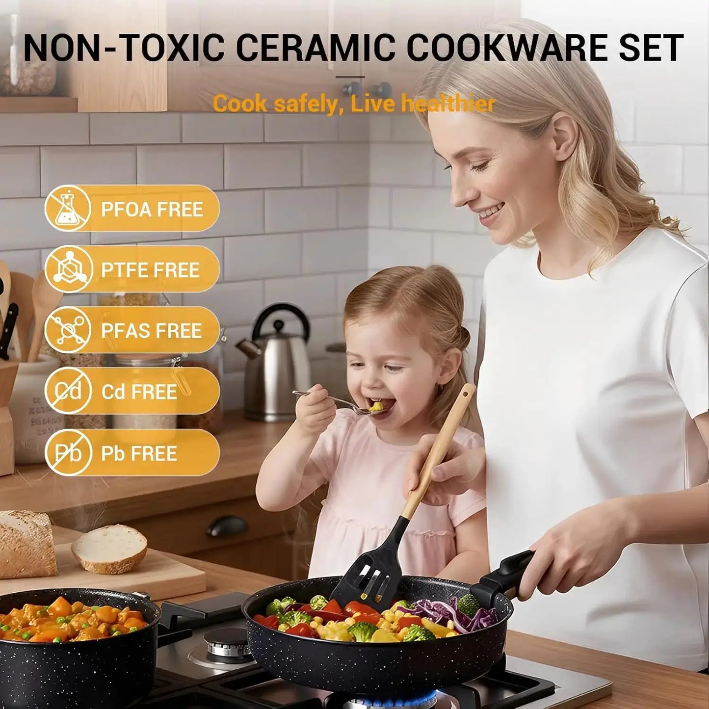 21-Piece Nonstick Pots and Pans Set, Ceramic Kitchen Cookware with Detachable Handle, Induction Ready, Dishwasher & Oven Safe, Black from PriceLows™
