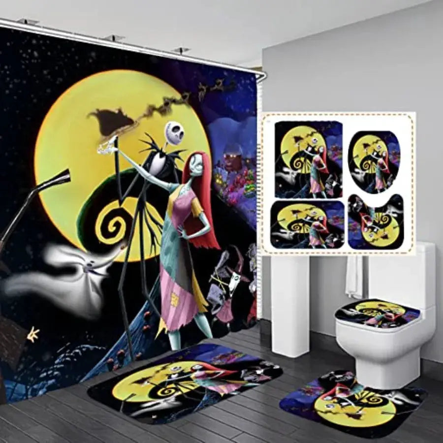 Jack and Sally Bathroom 4 Pieces Set Shower Curtain Toilet Lid Cover and Bath Mat Non-Slip Rugs Durable and Waterproof for Bath from PriceLows™