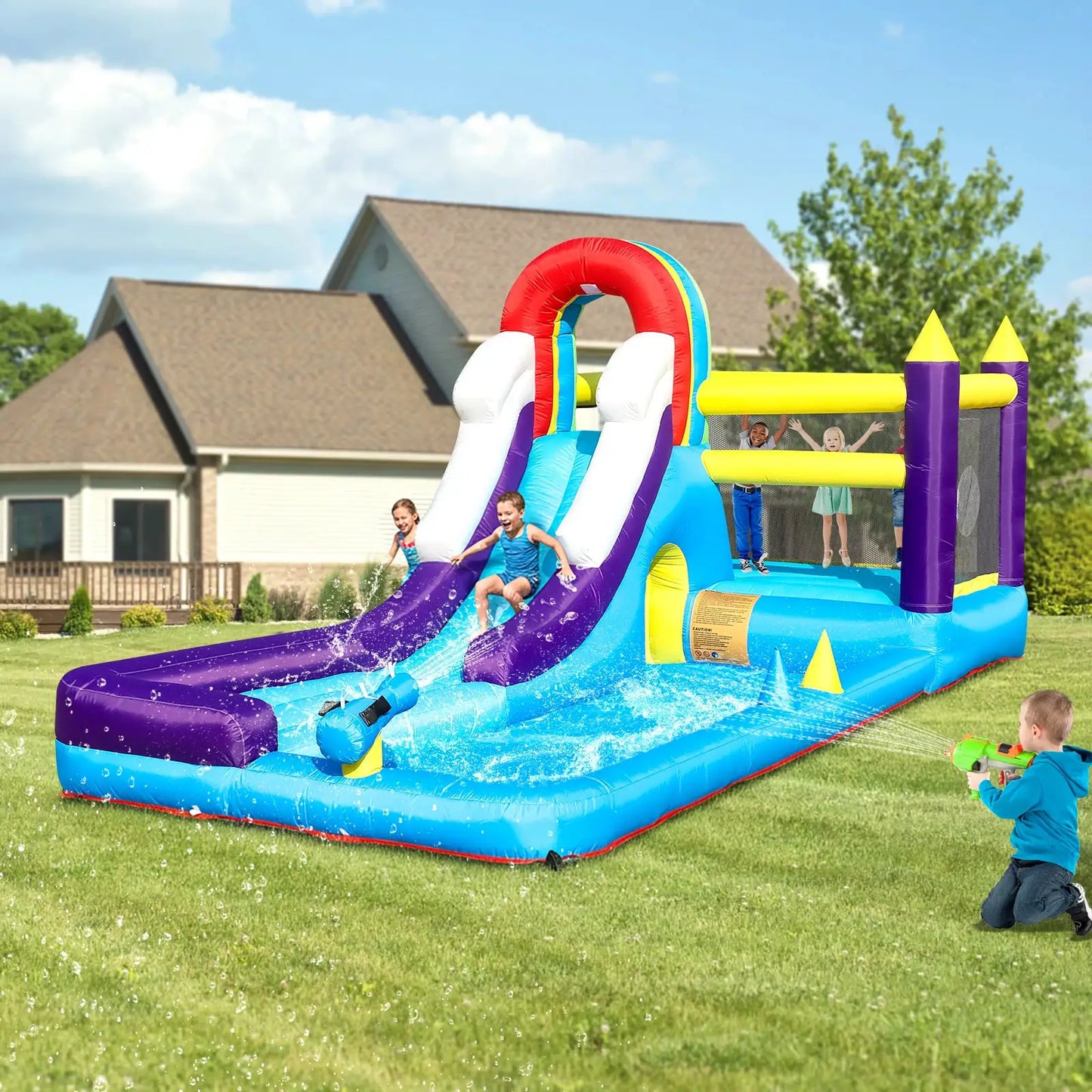 New Oxford cloth 16ft 4.9m Inflatable Water Slide Bounce House w/ Splash Pool & 480W Blower for Kids Party from PriceLows™