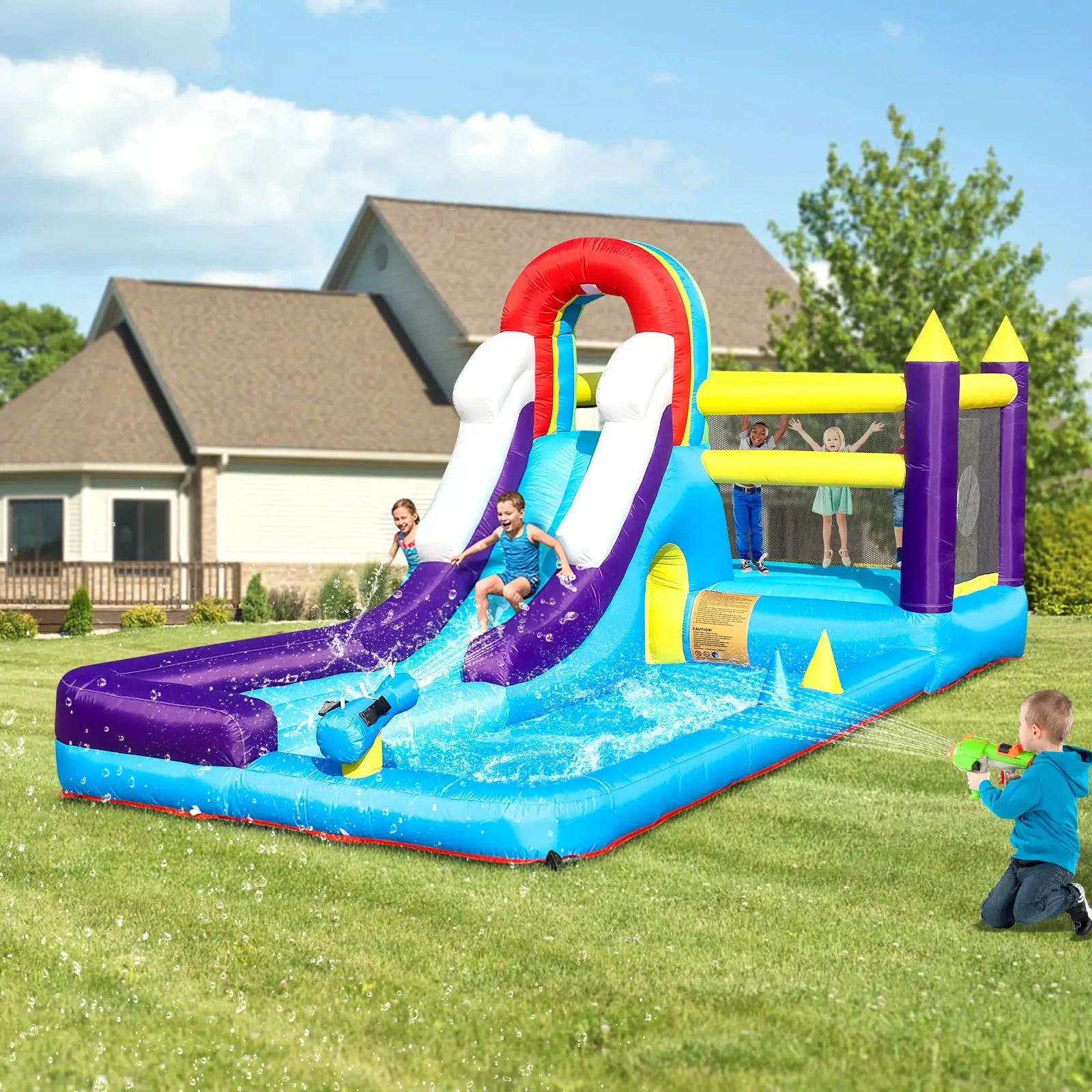 New Oxford cloth 16ft 4.9m Inflatable Water Slide Bounce House w/ Splash Pool & 480W Blower for Kids Party from PriceLows™