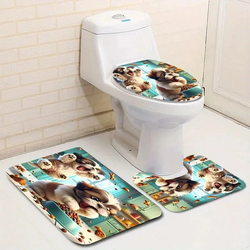 4 Piece Funny Puppy Dog Shower Curtain Set - Cartoon Pet Bathroom Decor with Rugs - Washable Fabric Curtain and Toilet Lid Cover from PriceLows™