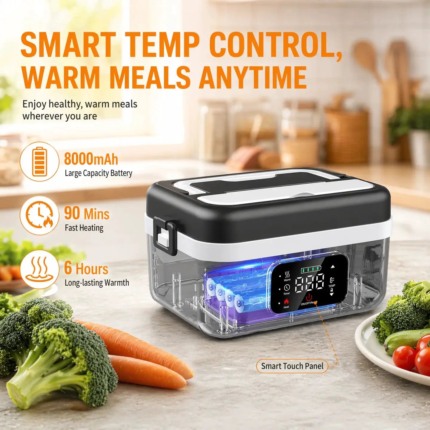 Wireless Heated Lunch Box, 60W Fast Heating 8000mAh Rechargeable Electric Lunch Box, 1L Stainless Steel Portable Food Warmer for Office Work School from PriceLows™