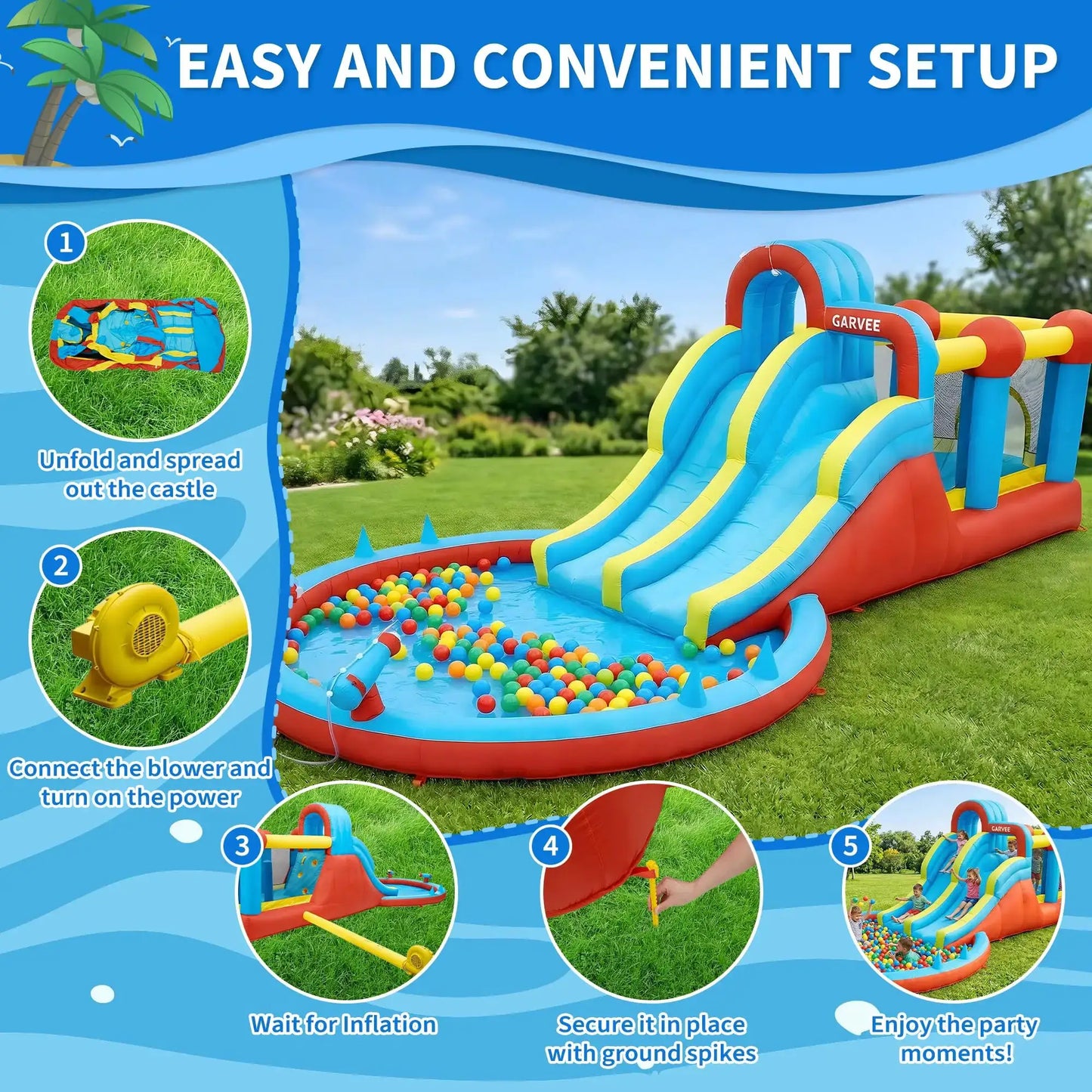 8-in-1 Inflatable Water Park Kids Bounce House With Double Slides & Pool, 550W Blower, Oxford, Indoor Outdoor Set from PriceLows™