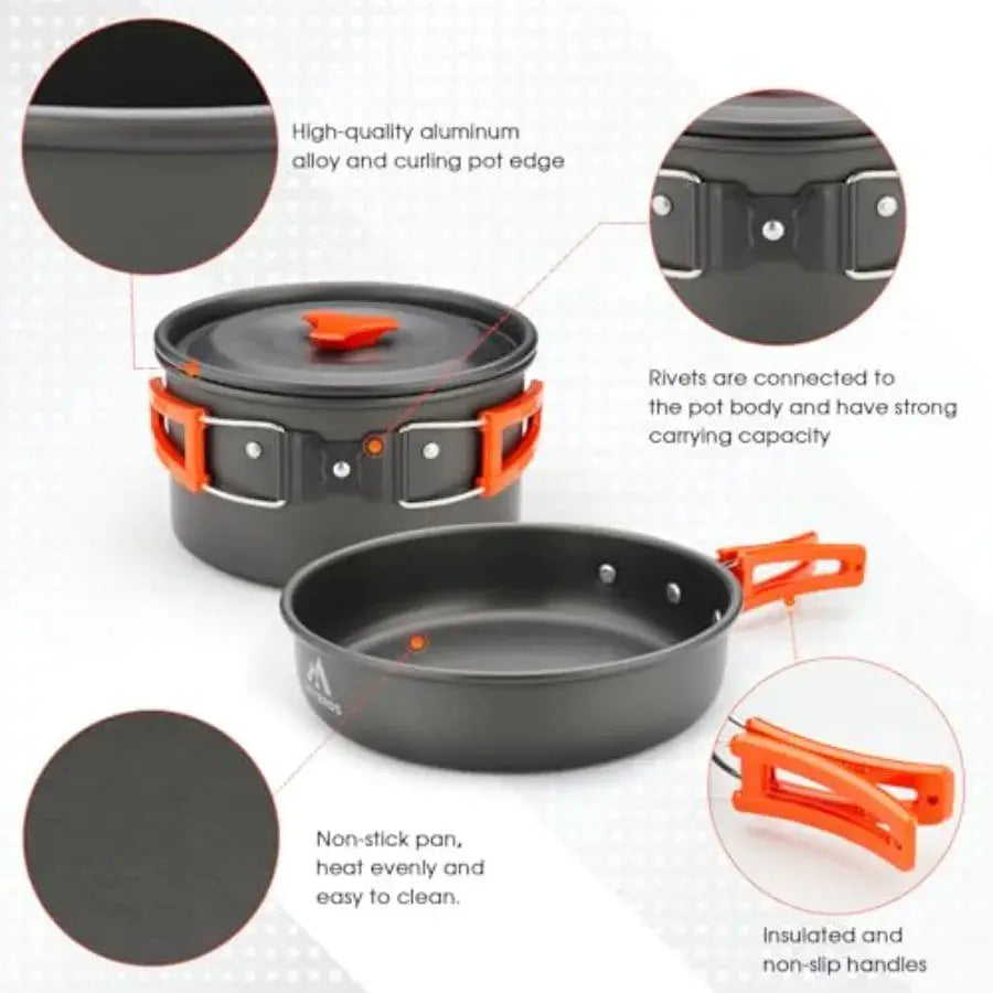 Camping Cookware Kit, 0.45Gal Pot, 7Inch Pan, 0.30Gal Kettle Set with 2 Set Stainless Steel Cups Plates Forks Knives Spoons for from PriceLows™