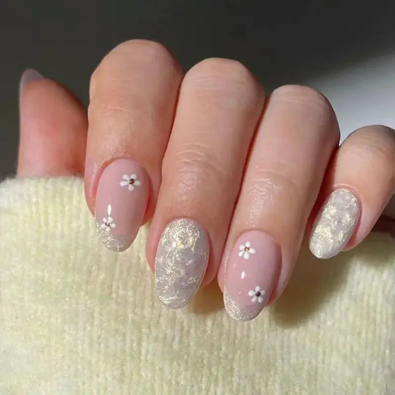 Short Almond Press On Nails | Pink Floral French | Reusable Full Cover | 24 Pcs