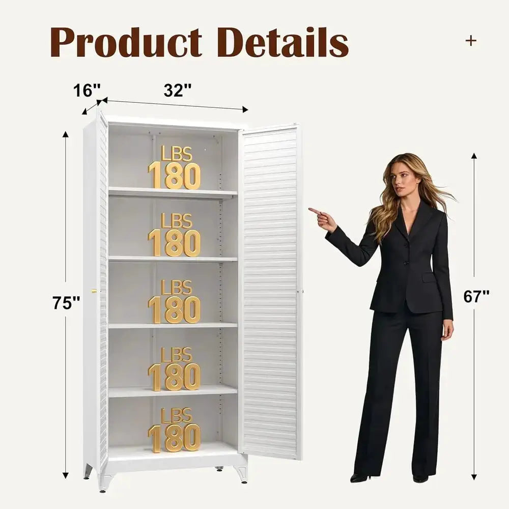 75 Metal Storage Cabinet with 4 Adjustable Shelves, White Tall Locker Organizer for Steel Garage, Kitchen, Office, and School Us from PriceLows™