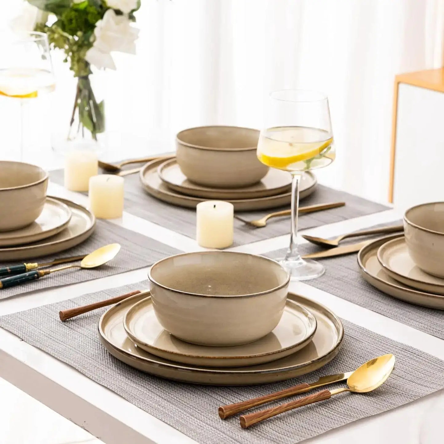 Ceramic Dinnerware Sets for 6, 18 Pieces Stoneware Plates and Bowls Sets, Scratch Resistant Dishes Reactive Glaze-Cappuccino from PriceLows™