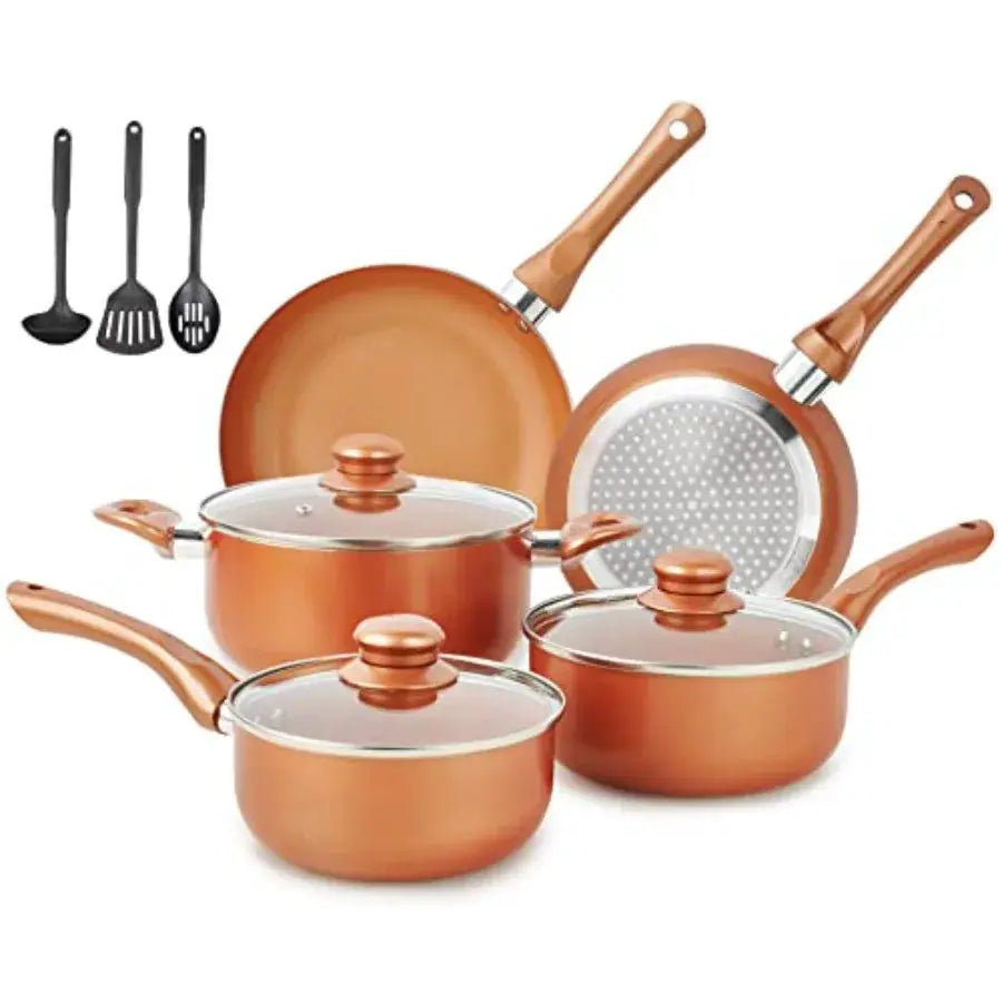 Pots and Pans Set Ultra Nonstick Pre-Installed 11pcs Cookware Set Copper with Ceramic Coating Stay cool handle and Nylon Kitche from PriceLows™