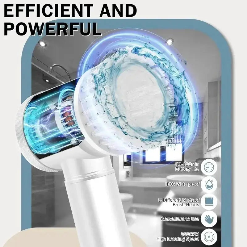 Power Scrubber | 5 Replaceable Brush Heads | Electric Spin Scrubber | Bathroom