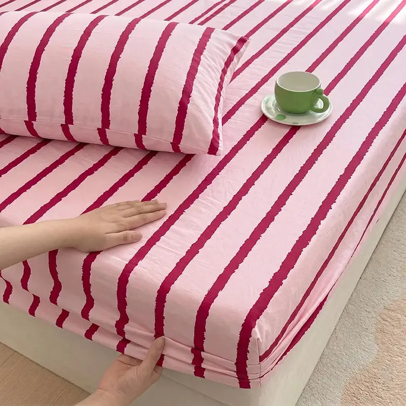 1pc Pink Blue Striped Fitted Sheet Deep Pocket Elastic Mattress Cover Single Double Queen King Bedroom Decor For Girls Boys from PriceLows™