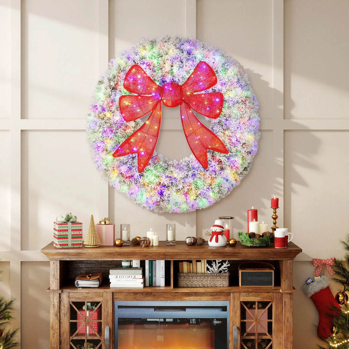Artificial Christmas Wreath | 48 Inch Flocked | Pre Lit Bulbs | Red Bow Center