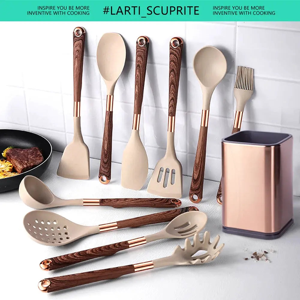5-13pc Non-Stick Kitchen Silicone Utensil Set - Upgrade Your Kitchen with Gold-Plated Handles Cooking Tools Spatula Spoon Kit from PriceLows™